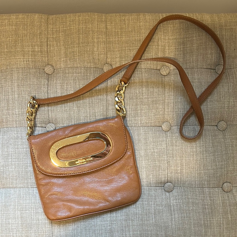 Michael Kors Tan Leather Crossbody Bag with gold accent hardware